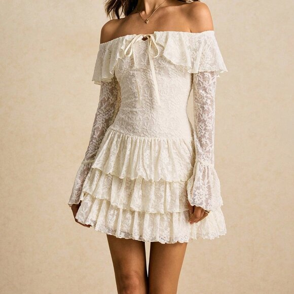 Apricot Elegant Women's Off-Shoulder Dress with Flared Sleeves - Picture 4 of 7